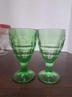 Set Of 2 1930s Hazel Atlas Colonial Block Green Depression Uranium Glass Goblets