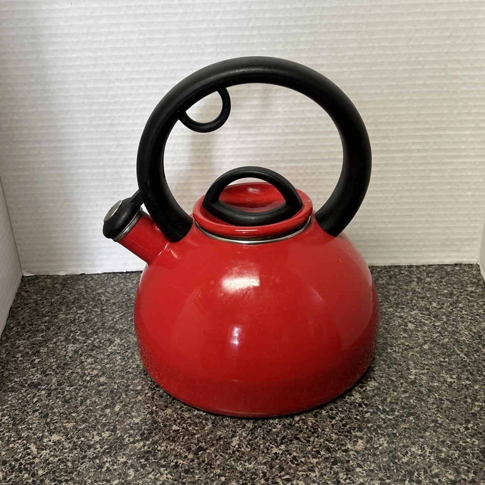 Tetera de acero esmaltada roja de 2,5 cuartos de galón COPCO rara y difícil de encontrar Foto 2 de 4