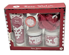 Rose Water Scented 5pc Spa Gift Set Body Wash Scrub Butter Bath Fizzer Pouf New