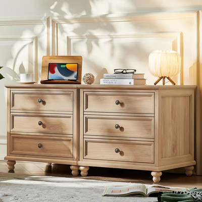 Farmhouse Night Stand Set of 2 with 3 Drawers & Metal Handle, Natural Wood
