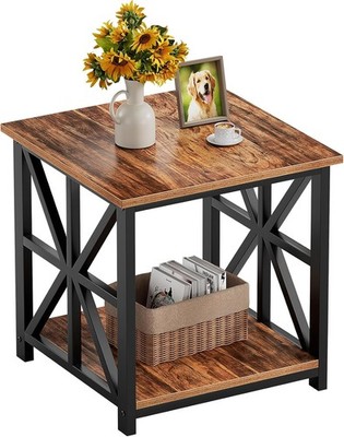 GreenForest End Table with 2-Tier Storage Shelf, 24 inch Large Side Table,Walnut