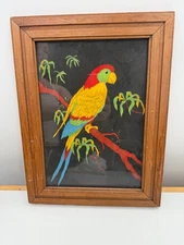 Vintage Parrot On Branch Tree Framed Tri-Chem Paint 1984 By Michelle Van De Ven