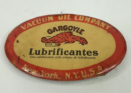 ANTIQUE VERY RARE ARGENTINA GARGOYLE LUBRICANTS SMALL TIN AND CELLULOID SIGN AD