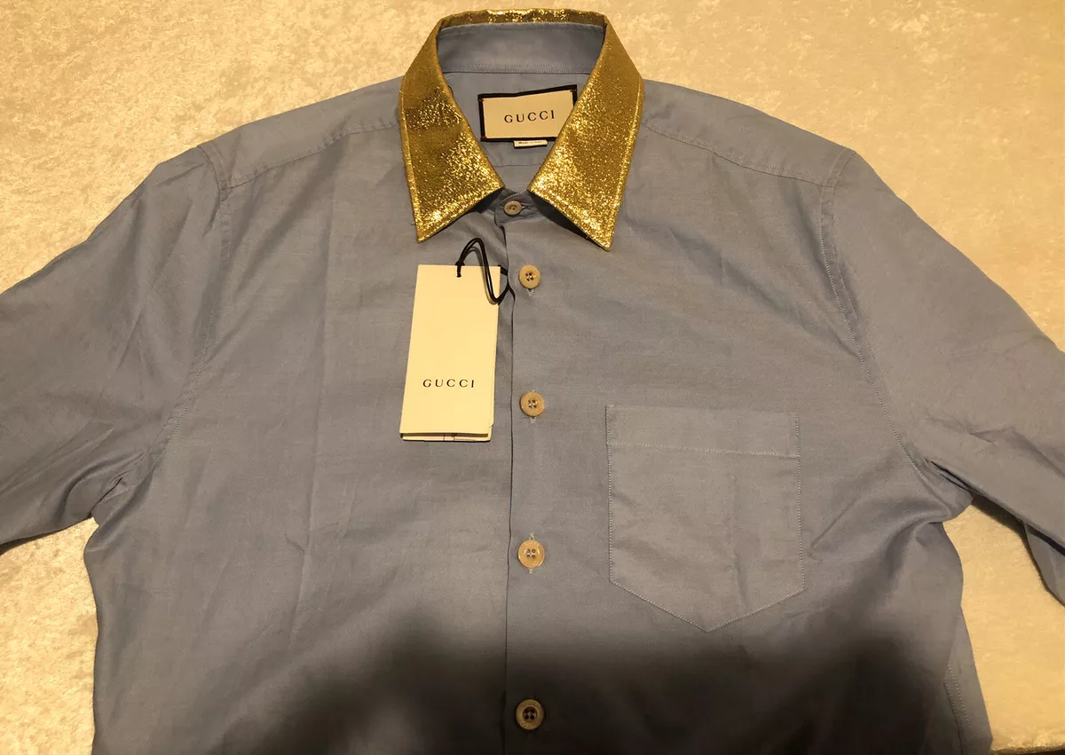 NWT Gucci Gold Glitter Lurex Collar Blue Button Down Shirt Size 17 $680.00