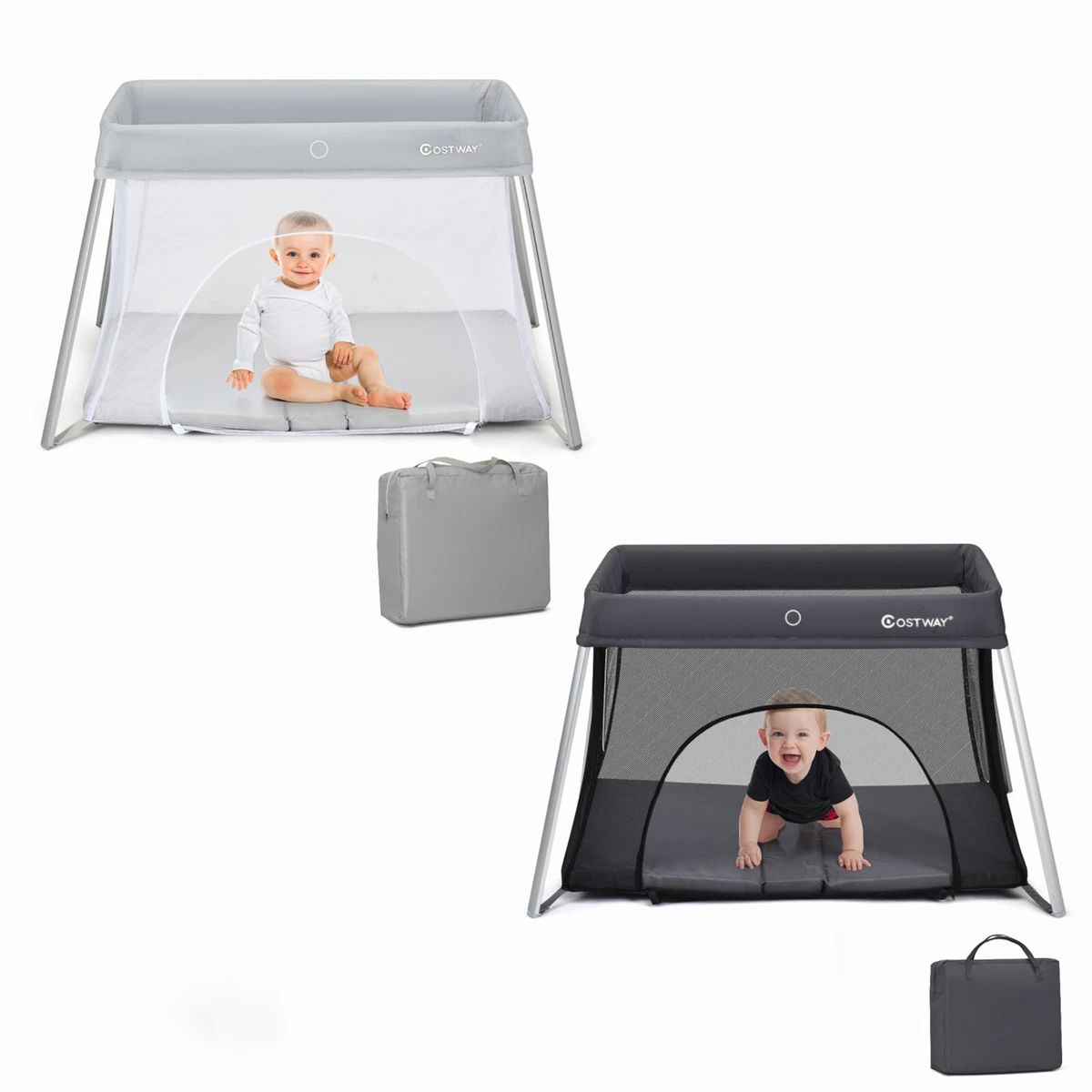 Travel Cot Foldable Baby Playpen Zipper Door Mattress Carry Bag