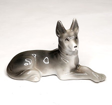 Vintage Porcelain Gray German Shepherd Figurine 3" Laying Paws Crossed Japan