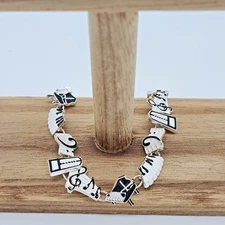 Music Themed Black & White Enamel Silver Tennis Bracelet,Piano, Music Notes 7.5"