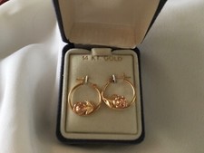 14K YELLOW  ROSE GOLD HOOP EARRINGS FIGURAL ROSE FLOWER 1.0g
