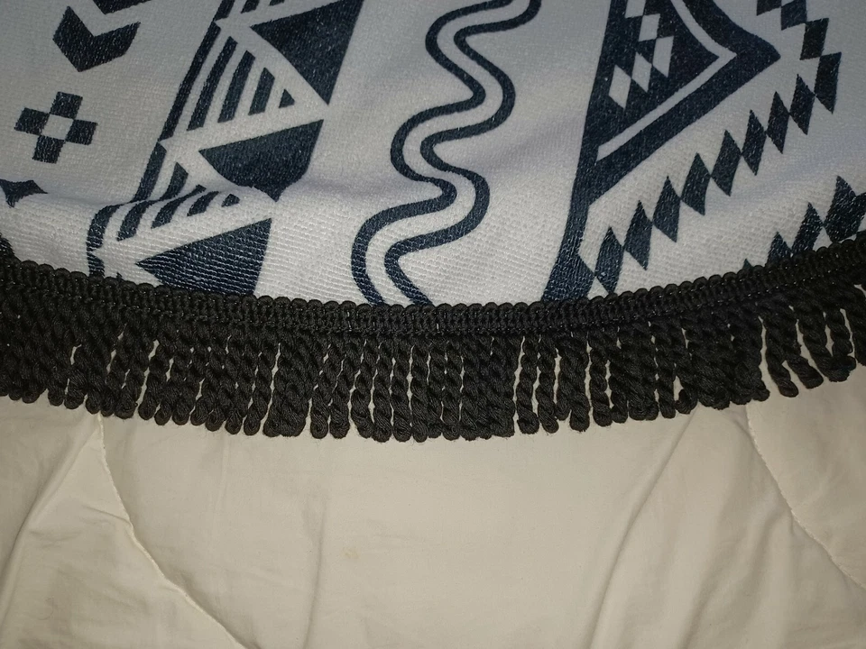 DSW Black White Aztec Print Beach Blanket Table Cover 62" round fringed vtg - Image 3 of 4