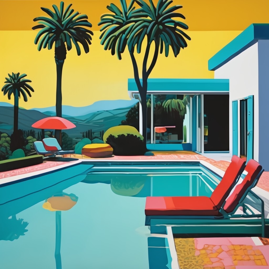 Midcentury Art Deco Pop Art Deco 95x95cm Palmeras Piscina Verano Paisaje N32