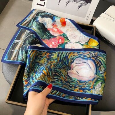 100% Mulberry Silk Shawl Painting Flowers Print Double Layer Oblong Scarf Blue