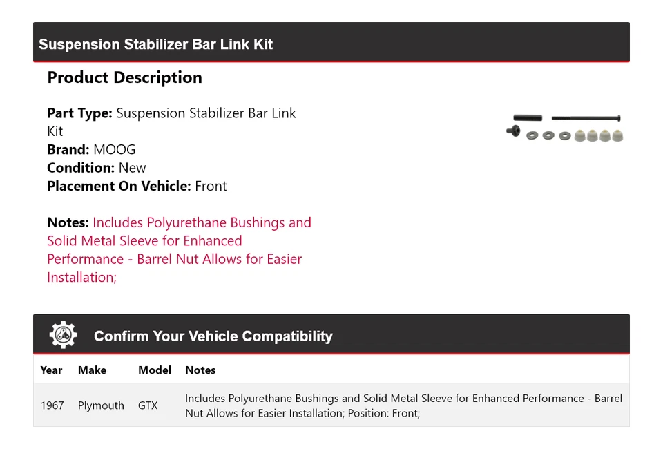 Kit de eslabones de barra estabilizadora de suspensión delantera MOOG para Plymouth GTX 1967 Foto 2 de 4