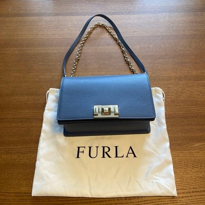 FURLA MIMI Blue Leather Crossbody Bag with Chain Adjustable Strap Women's