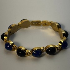 Tennis Bracelet Gold Tone Links Oval Glass Cabochon Blue Black Gorgeous