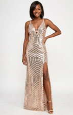 Pear Culture Women Dress Juniors 1 Blush Pink Sequin Gown Side-Slit Geometric