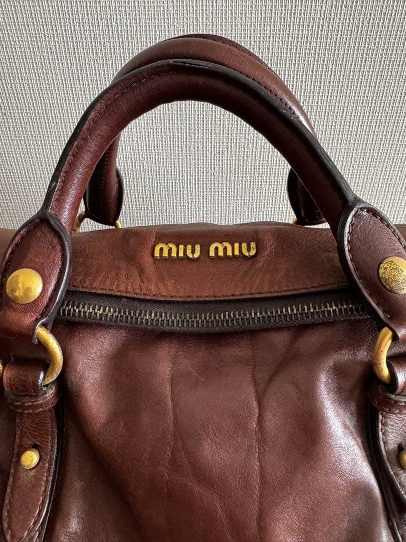 MIU MIU Side Ribbon Leather Handbag Brown color Vitello Lux