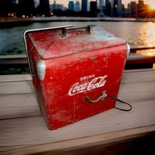 Vintage 1950s Original Action Handle - Coca Cola Metal Cooler - Tray Included