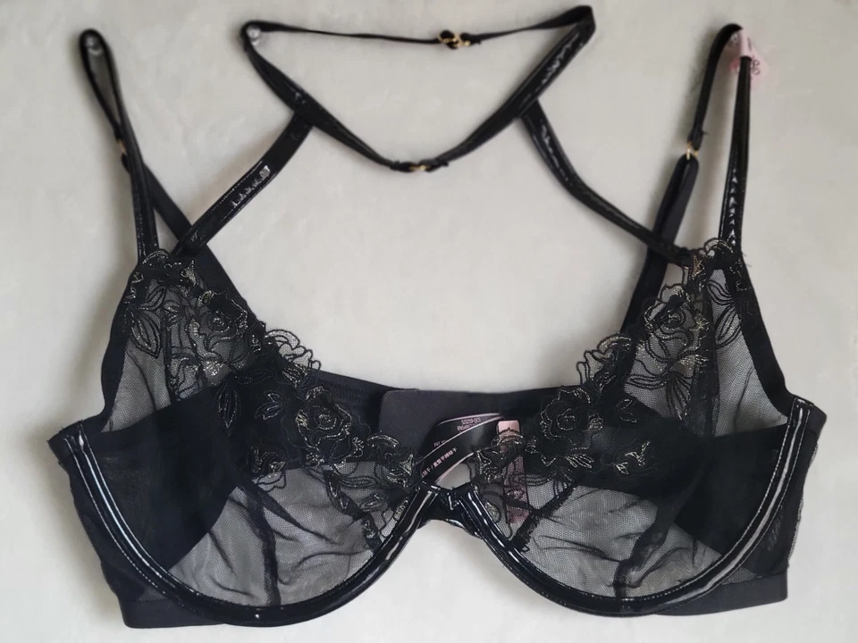 NUEVO CON ETIQUETAS Victoria's Secret Conjunto Tanga Sujetador Imitación Cuero 38D/XL Negro Foto 3 de 4