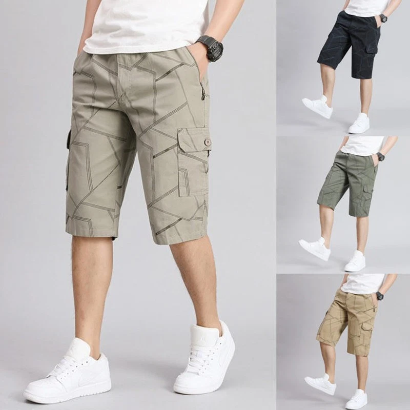 Mens 3/4 Shorts Elasticated Waist Knee Length Cargo Combat Three Pants - Image 1 of 4