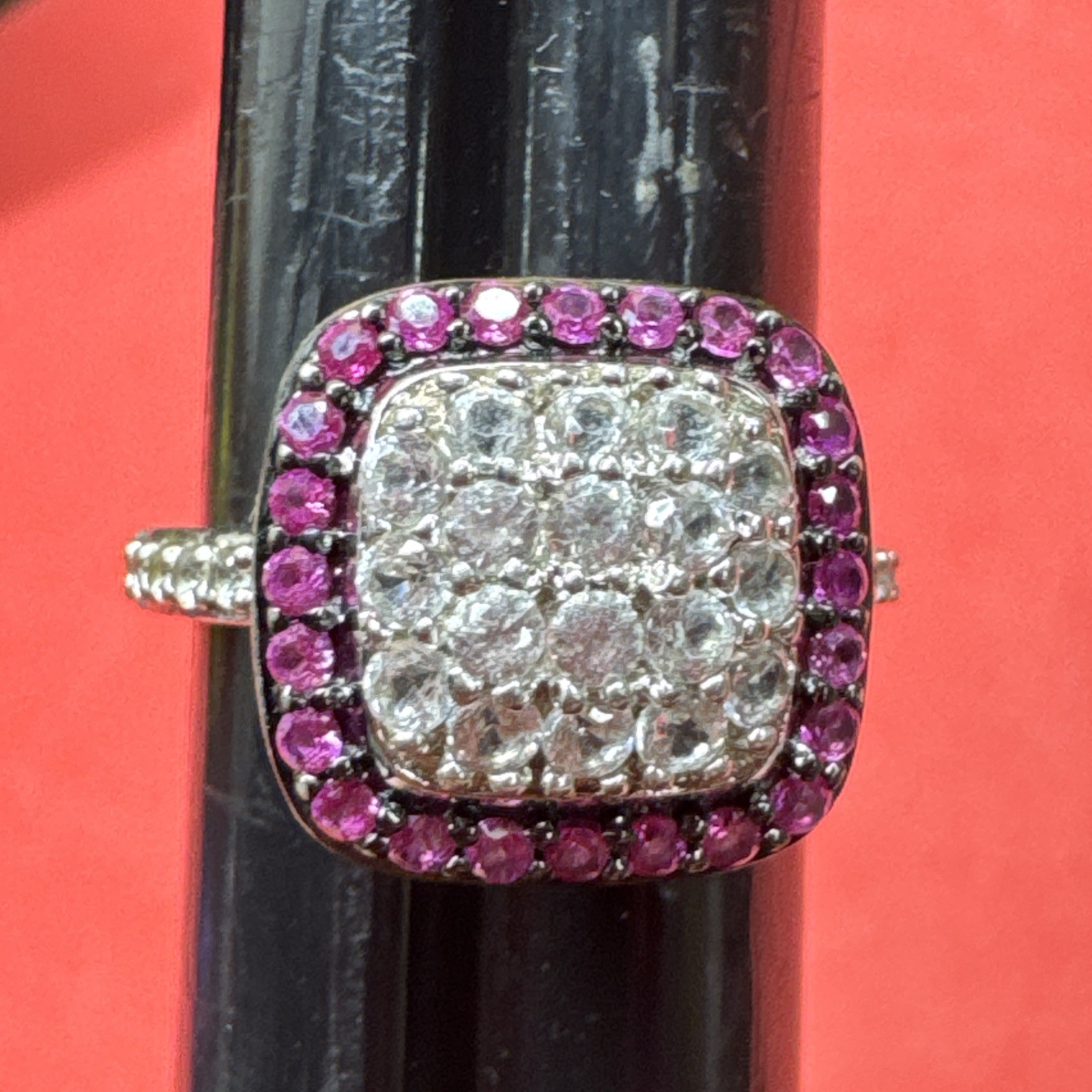 Ruby & CZ Halo Statement Ring Sterling Silver 925… - image 2