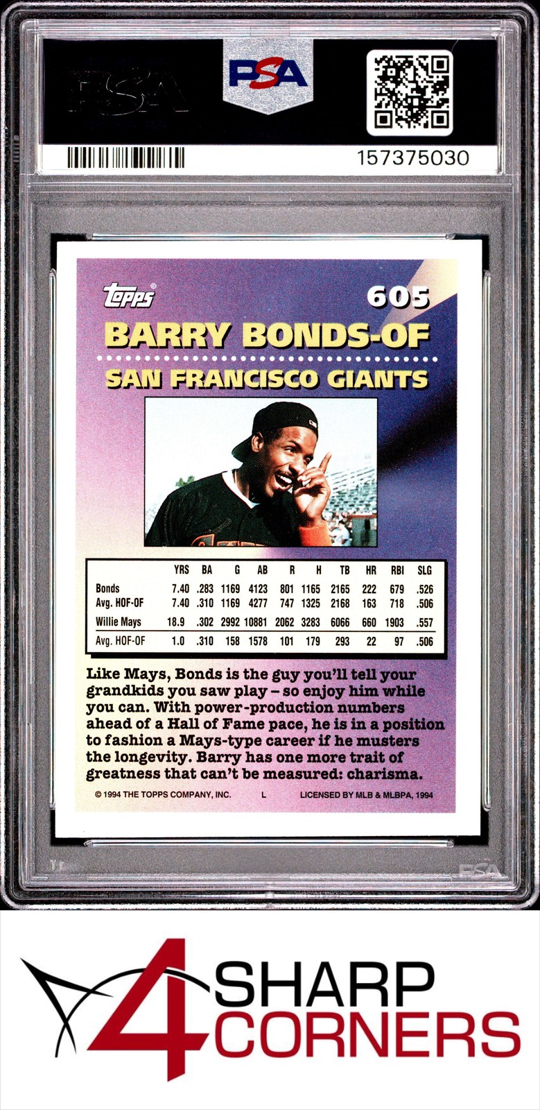 1994 TOPPS #605 BARRY BONDS GIANTS PSA 9 view 2