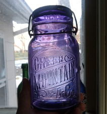 GREEN MOUNTAIN C.A.CO AMETHYST QUART ANTIQUE FRUIT JAR WITH MATCHING GLASS LID