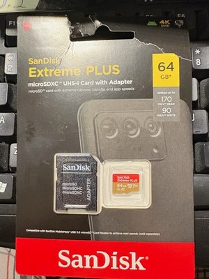 SanDisk Extreme Plus 64GB Micro SD Card W/Adapter Class 10, V30, A2, UHS-I, SDXC