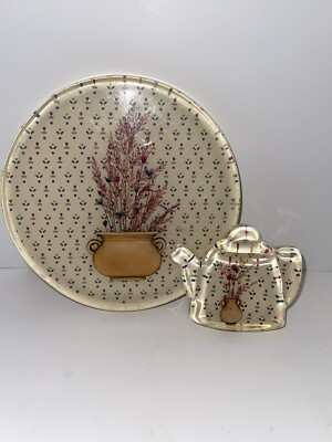 Vintage 1970 s Lucite Dried Flowers Spoon Rest And Hot Plate Trivet Set
