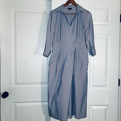 Beige by eci Jumpsuit Women Blue White Stripe Faux Wrap Pockets Wide Leg 