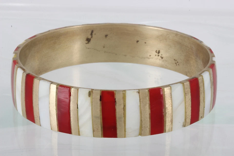 ЛАТУНЬ ИНКРУСТАЦИЯ В ПОЛОСКУ ПЕРЛАМУТР И КРАСНЫЕ КАМНИ БРАСЛЕТ МОДЫ 0158B - Изображение 2 из 2