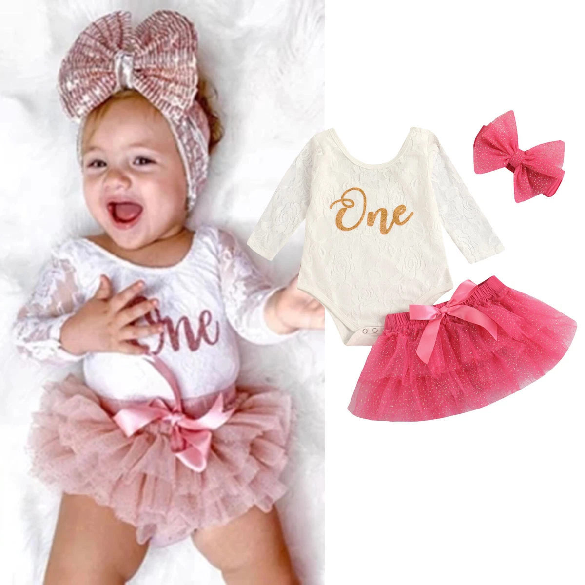  Baby Girls My 1st Birthday Outfits Long Sleeve Floral Lace  Romper + Tutu Skirt + Headband Set (Pink, 6-9 Months): Clothing, Shoes &  Jewelry