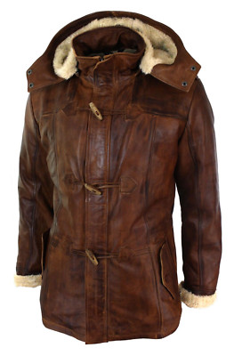 Men's Brown 3/4 Tan Hooded Safari Fur Winter Long Real Leather Jacket  UK