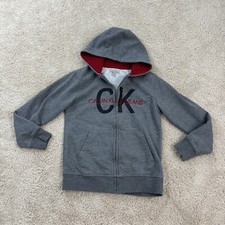 Calvin Klein Jeans Boys Jacket 10/12 Gray Zip Up Hooded Sweatshirt Graphic Logo