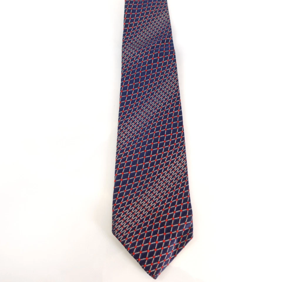 Neck Tie Mens Blue Red Geo Cross Striped Silk Dress Narrow GOLDEN EARTH Japan - Image 2 of 4