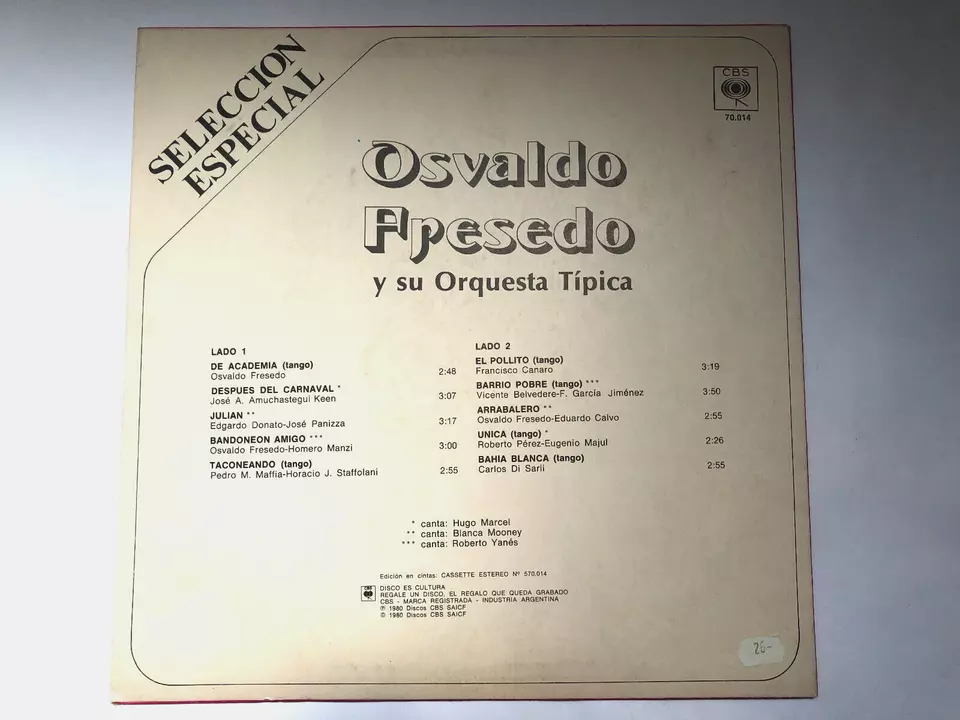 Osvaldo Fresedo - Selección Especial - Vinyl - CBS - 33RPM - 12" - Excellent!!! - Image 2 of 4