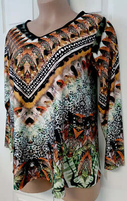 Women's XL SAKURAFINA Multicolor Tunic Top Jungle Animal Print V-Neck LS Stretch