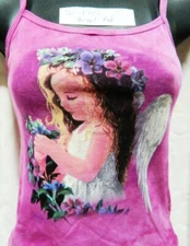 Angel Holding Flowers Hand Dyed Dark Pink Spaghetti Strap Shirt UNWORN