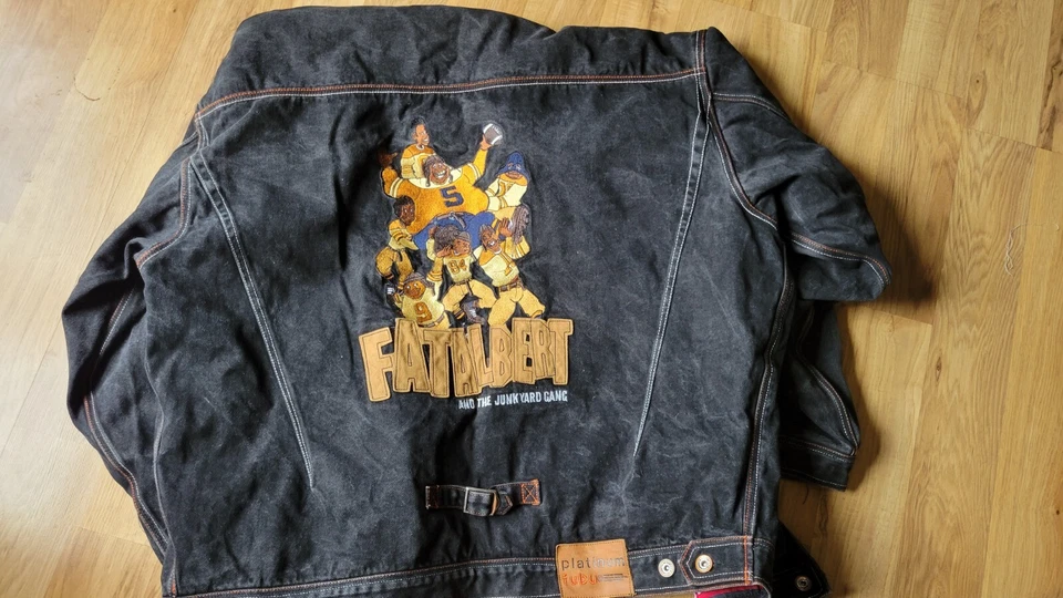 Mens Platinum FUBU Dark Blue Denim Leather Jacket Big Sewn Spellout Graphics 3XL - Image 3 of 4