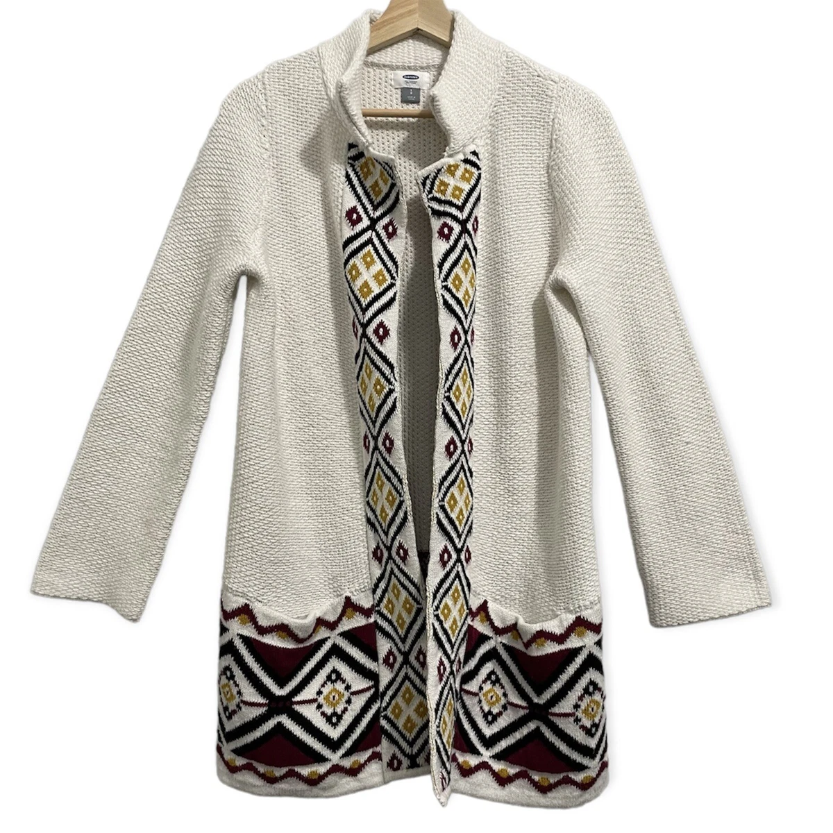 Old Navy Coatigan Cardigan Sweater Knit Aztec Boho White Red Womens Small S