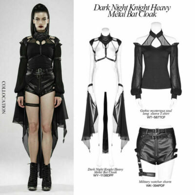 PUNK RAVE Women Gothic Pu Leather Night Knight Bat-shaped Perspective Cloak