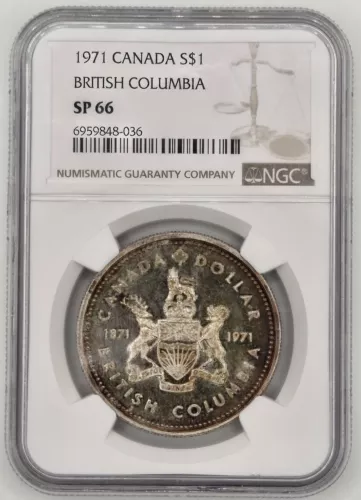  1971 Canada British Columbia Silver Dollar NGC SP66 Toned