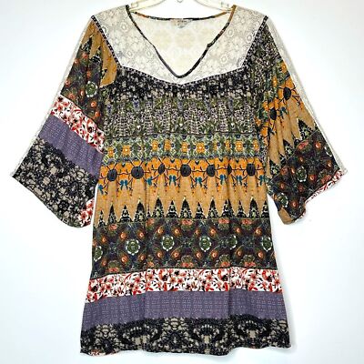Umgee Chic Boho Fall Color Tone Tunic with Lace Detail Sz L