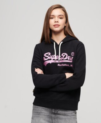 Superdry Womens Embellished Vintage Logo Hoodie Black Glitter Pink Pull  over UK