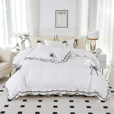 White Bow Duvet Cover Queen Size, Ruffle Lace Beddding Set with Bowtie, Girl ...