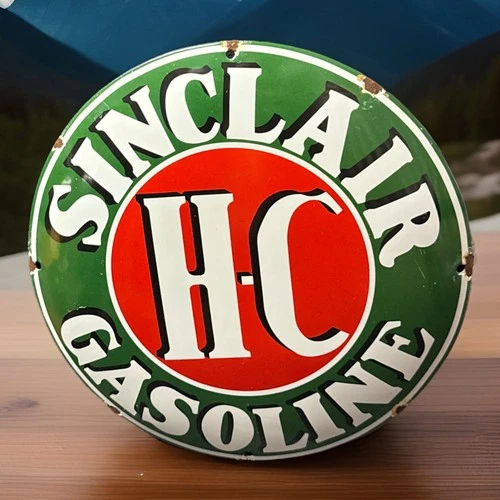 VINTAGE 12” H-C SINCLAIR AIRCRAFT DOMED PORCELAIN GAS OIL PUMP PLATE SIGN