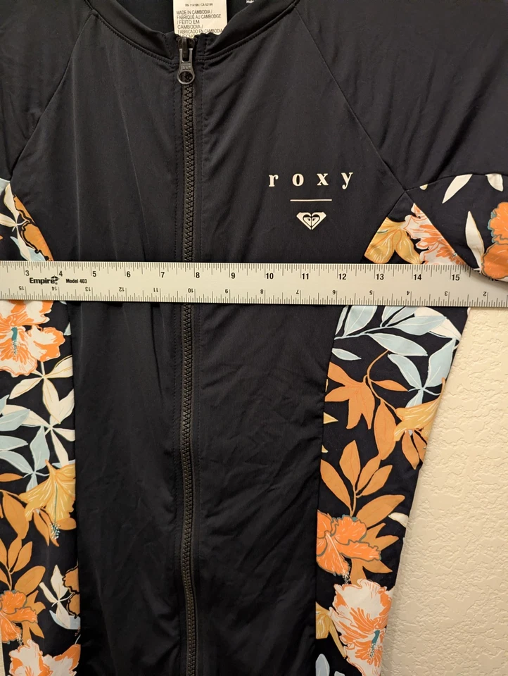 Camisa de surf negra Roxy para mujer mediana floral manga larga cremallera protección contra erupciones Foto 3 de 4