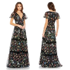 Mac Duggal Black Multi Floral Pleated Wrap Floral Plunge Neck Gown Size 10 498