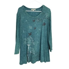 Jess & Jane Tunic Top Womens XL Teal 100% Cotton Doves Wildflowers Long Sleeve