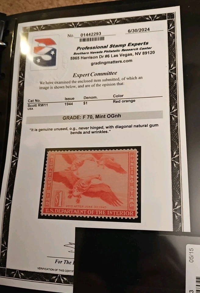 Certified #RW11- 1944 - US Federal Duck Stamp - Fine Mint OG. - Image 3 of 4