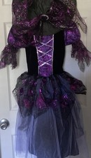 Girls Black  Purple Witch Costume Dress w/ Hat, Spiderweb Design size L